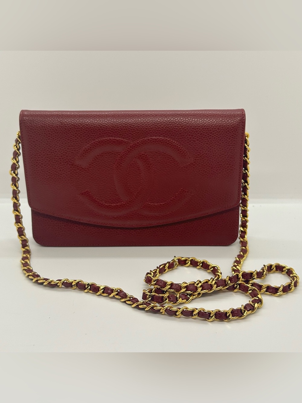 CHANEL Vintage Burgundy Caviar Leather Wallet On Chain Crossbody Bag